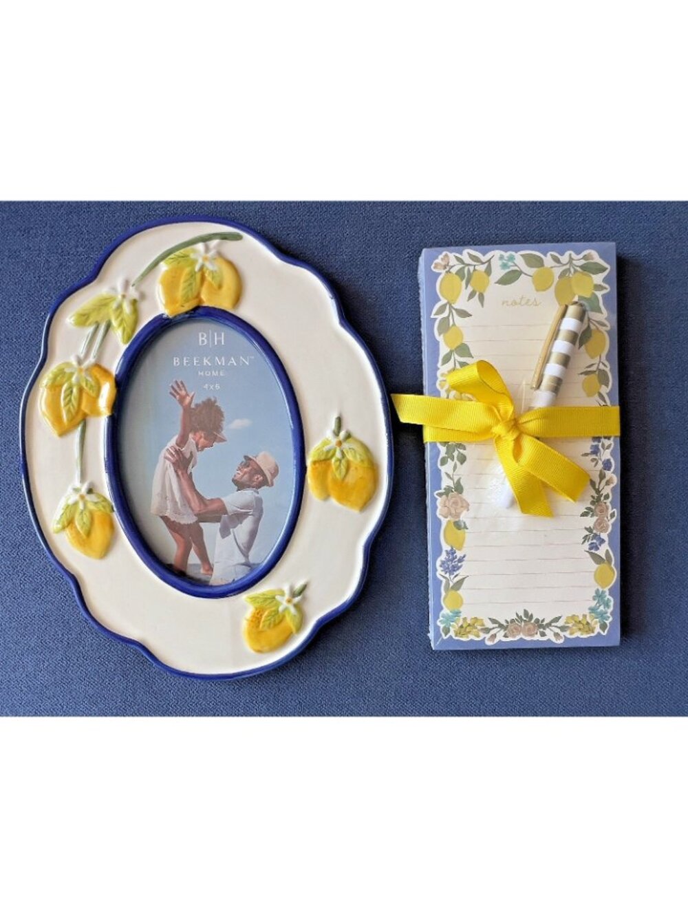 Lemon 4 x 6 Frame & Memo Pad & Pen Set Ceramic Blue Yellow Gift Birthday Hostess - Picture 4 of 9